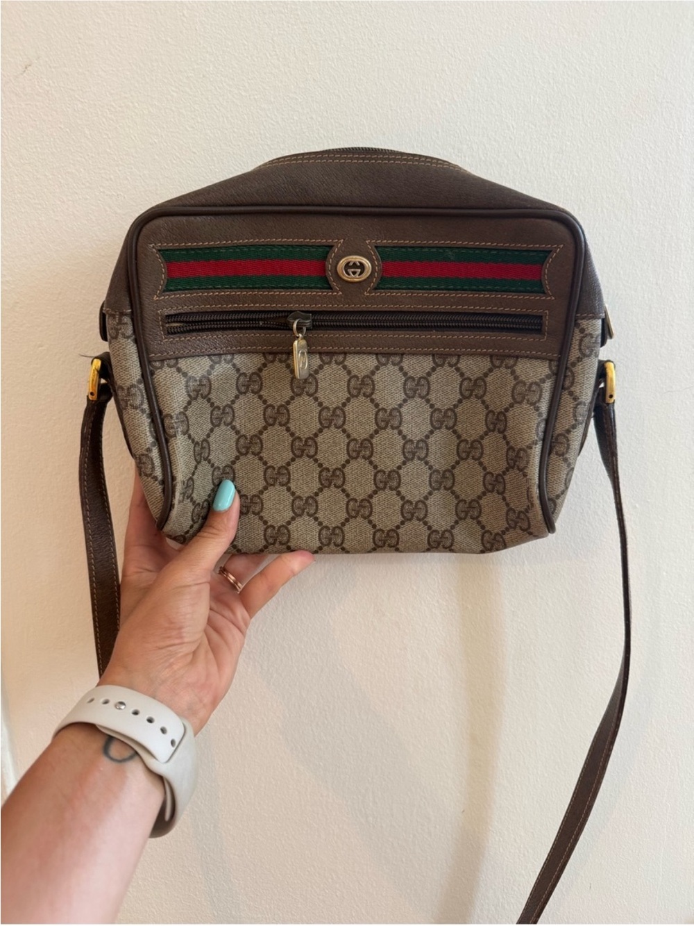 Gucci Brown Monogram Canvas Crossbody with Green-Red Web Stripe